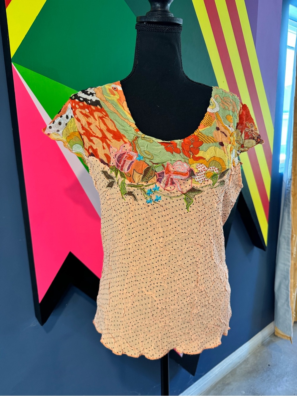 Vintage Y2K Alberto Makali Boho Embellished Crinkle Top with Floral Patchwork
